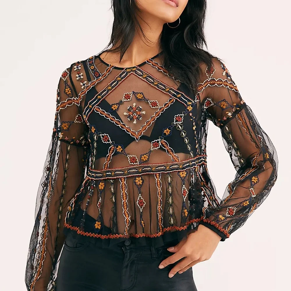Free People Give A Little Mesh Top Black Embroidered Boho XS - Picture 1 of 10